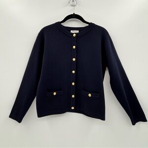 Talbots Navy Blue Merino Wool Cardigan Sweater Gold Embellished Button Front M